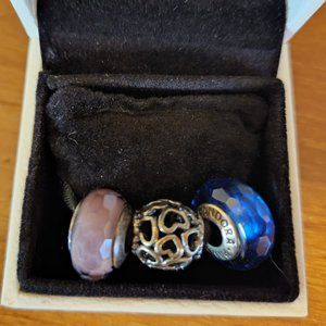 PANDORA Faceted Murano Glass Beads and Open Heart Charm 3 Piece Set !